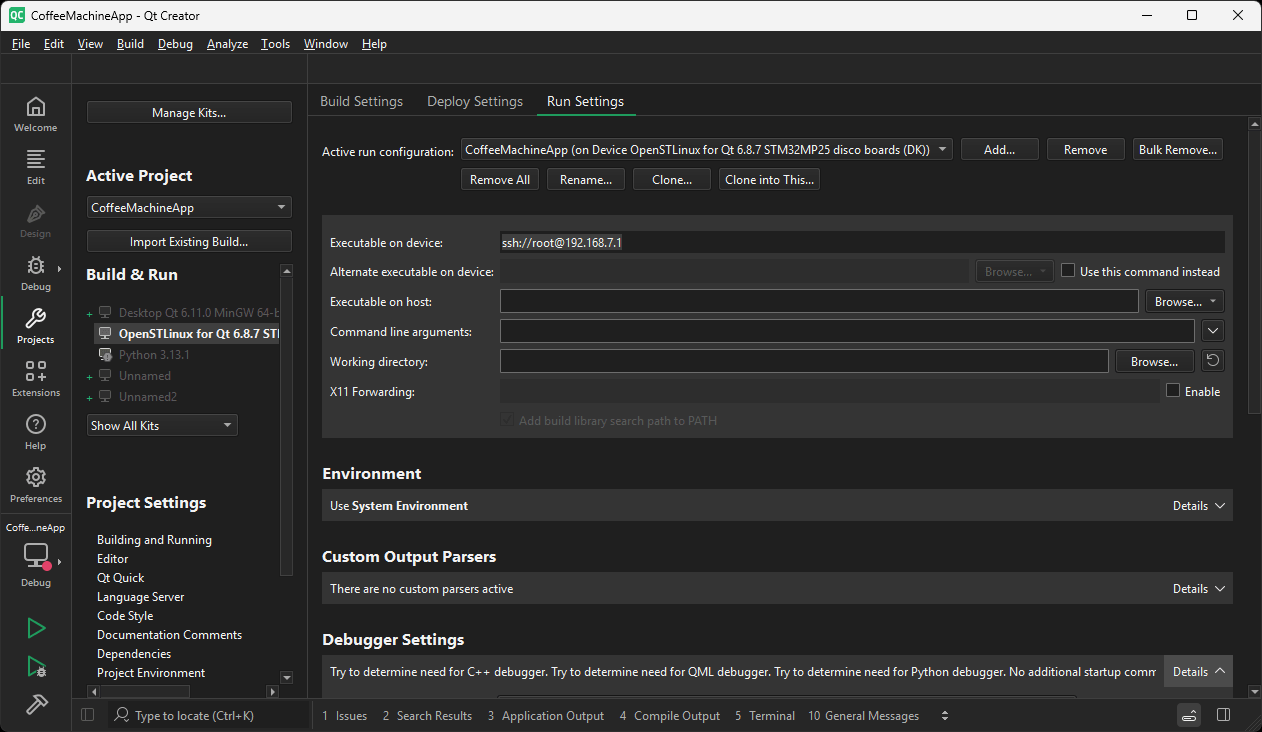 Run Settings UI view in Qt Creator.
