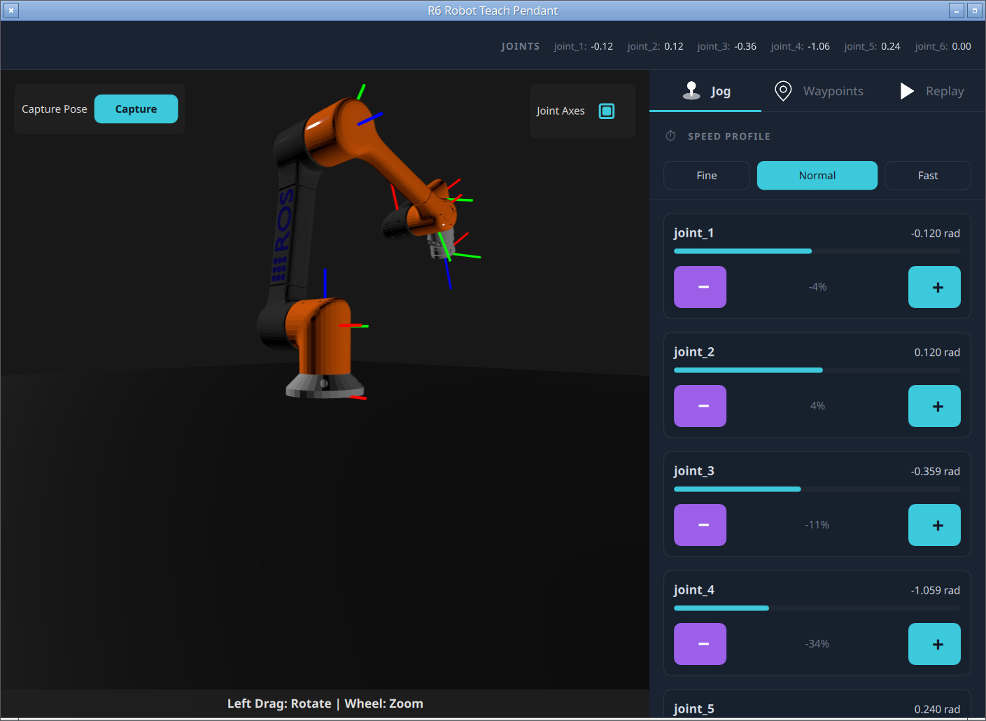 The R6 Robot Teach Pendant: a TF-driven 3D model of the arm with joint-axis triads, and the Jog panel with per-joint controls and a speed profile.