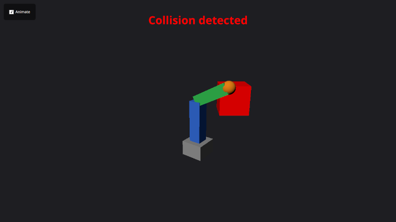 The Robot Arm Collision example: while the arm sweeps into the obstacle, the box turns red and a Collision detected banner appears.