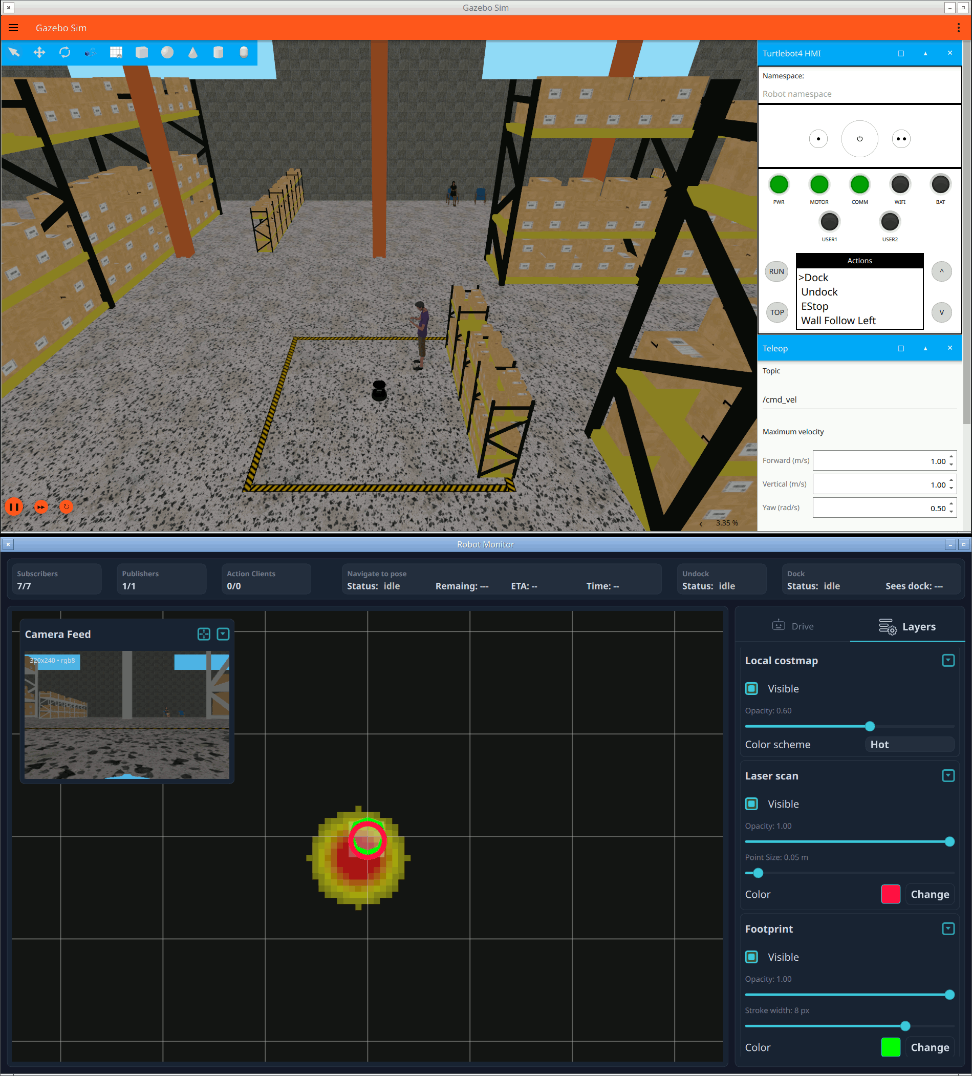 The Robot Monitor dashboard (bottom) running against a simulated TurtleBot4 in Gazebo (top): connection counters and action status, a live camera feed, the laser scan, local costmap, and robot footprint in the 3D scene, and the Layers panel.