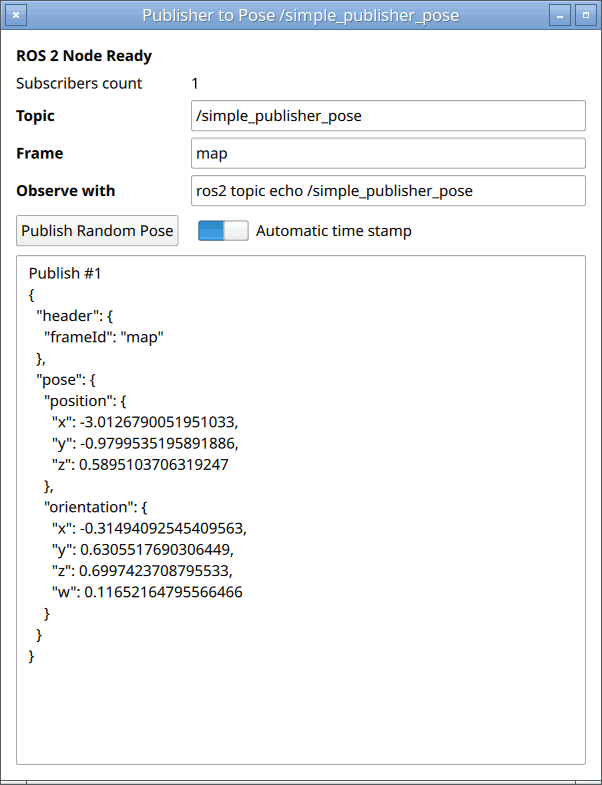 The Simple Publisher window: an editable topic, a Publish Random Pose button, a subscriber counter, and the last published message.