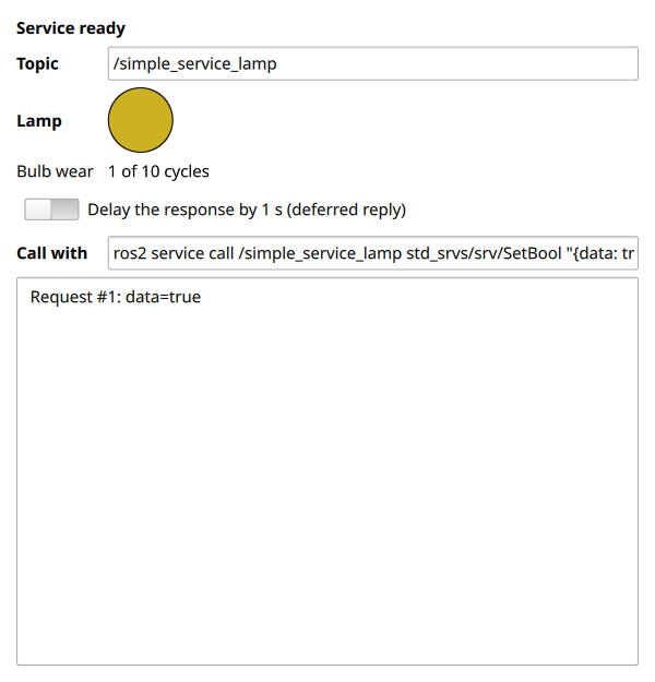 The Simple Service window: an editable topic, the lamp that requests switch on and off, bulb wear, a deferred-reply switch, and the last request.