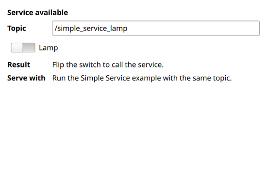 The Simple Service Client window: an editable topic, the lamp switch, and the last response.