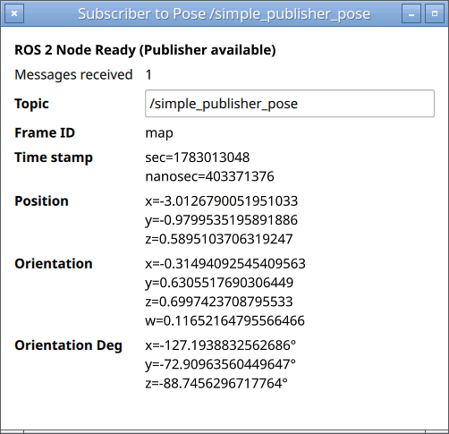 The Simple Subscriber window showing the latest received pose, its frame and timestamp, and the orientation as both a quaternion and Euler angles.