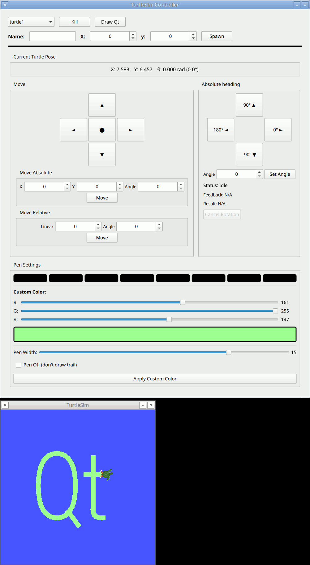 The TurtleSim Controller (top) driving turtlesim (bottom), which has drawn the Qt logo using the Draw Qt button.