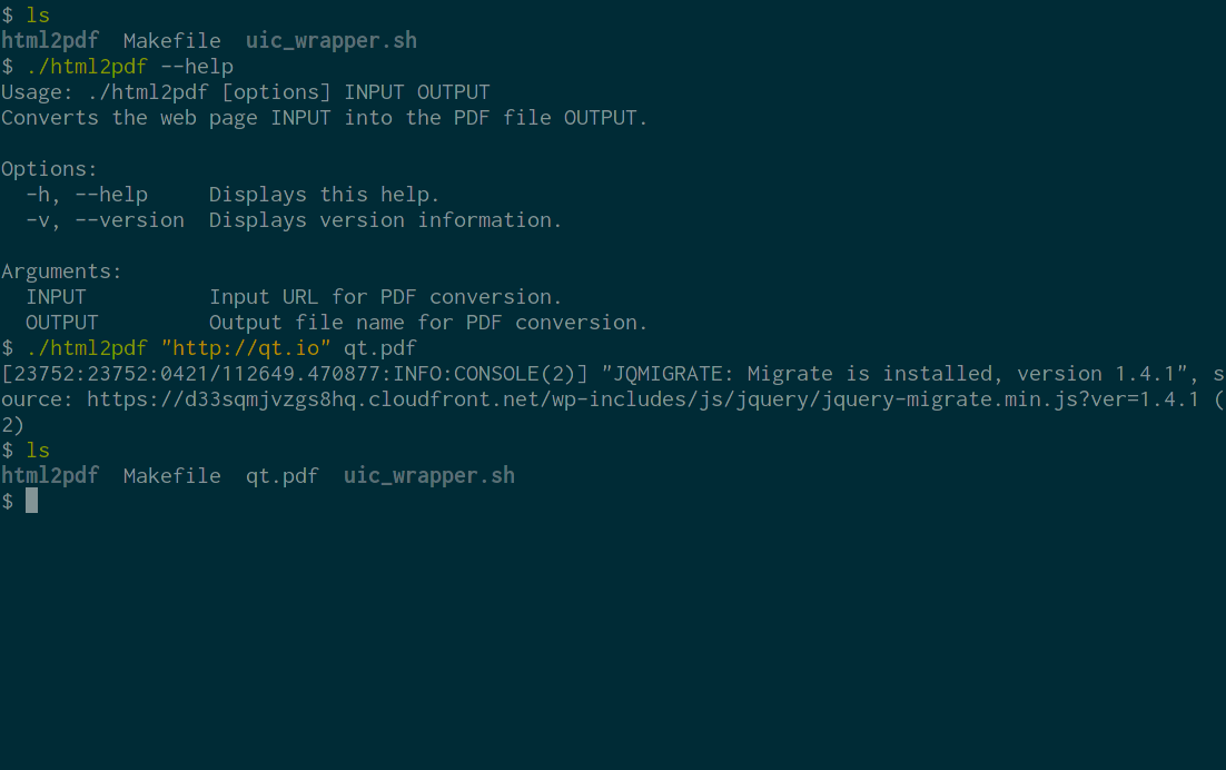 Terminal window showing commands for converting web page to PDF using html2pdf script