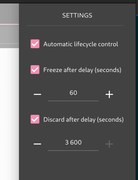 Settings for Automatic lifecycle control, Freeze after delay, and Discard after delay options