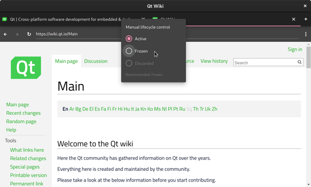 Web page with Manual lifecycle control popup showing Active, Frozen, and Discarded options