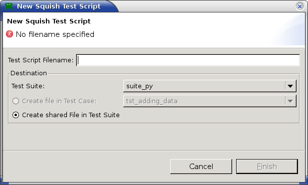 "The New Squish Test Script dialog"