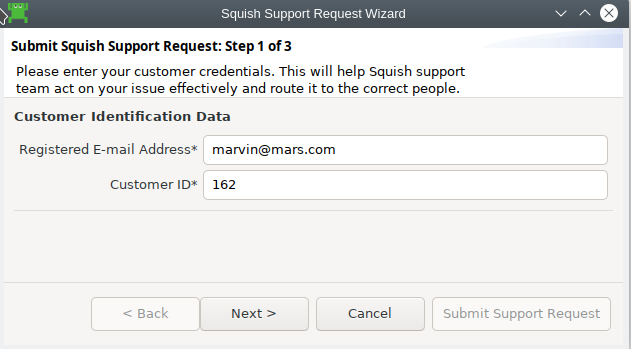 "Support Request Wizard step 1"