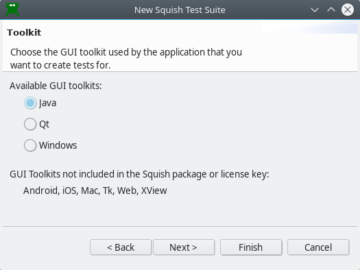 "The New Test Suite wizard's Toolkit page"