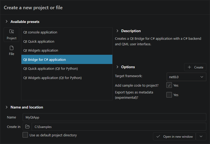A Qt Bridge for C# application in the New item view