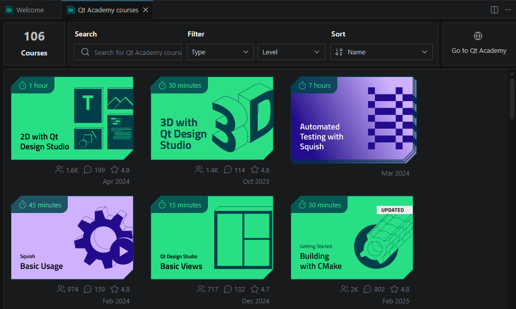 {Qt Academy courses view}