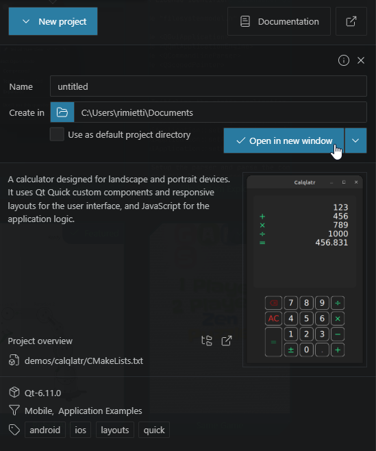 {Opening the example project in a new window}