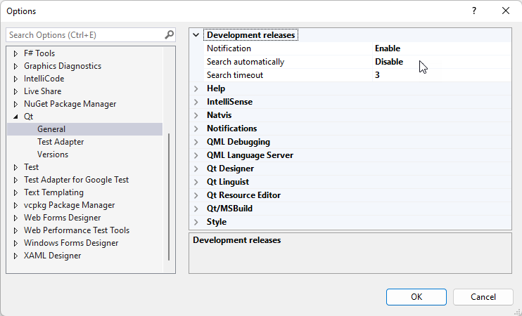 {Development releases in Qt General Options}