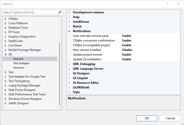 {Notifications in Qt General Options}