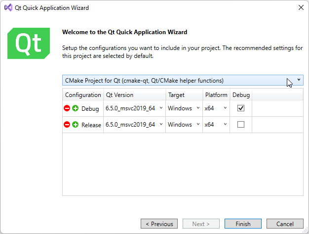 {Selecting CMake in the application wizard}
